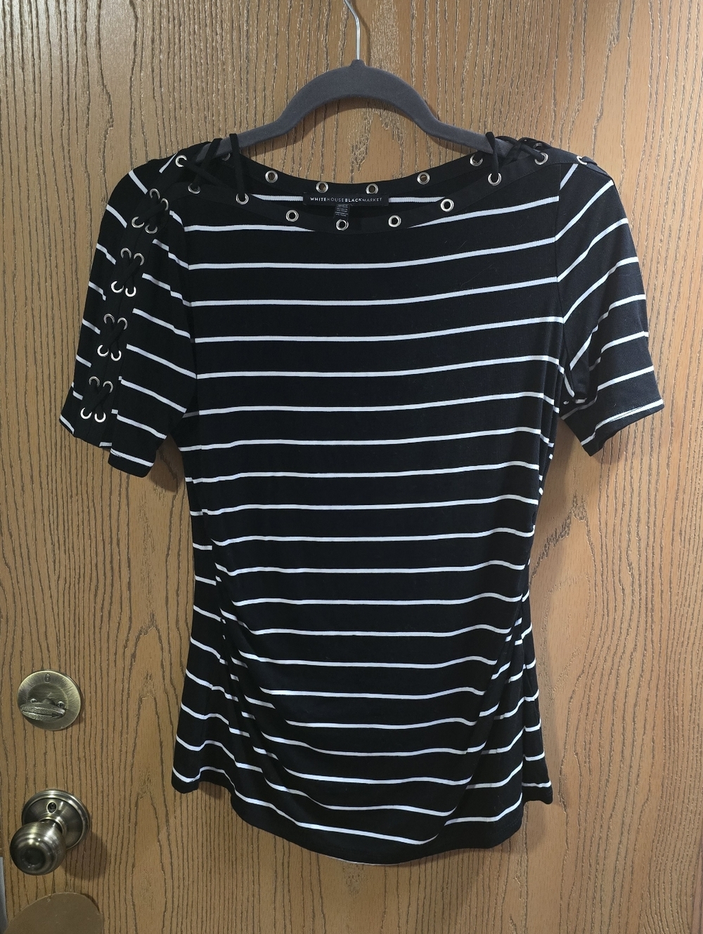 White House Black Market Black & White Striped Lace-Up Short Sleeve Top